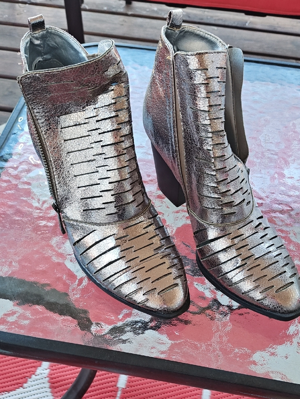 Qupid Metallic Silver Laser-Cut Ankle Booties